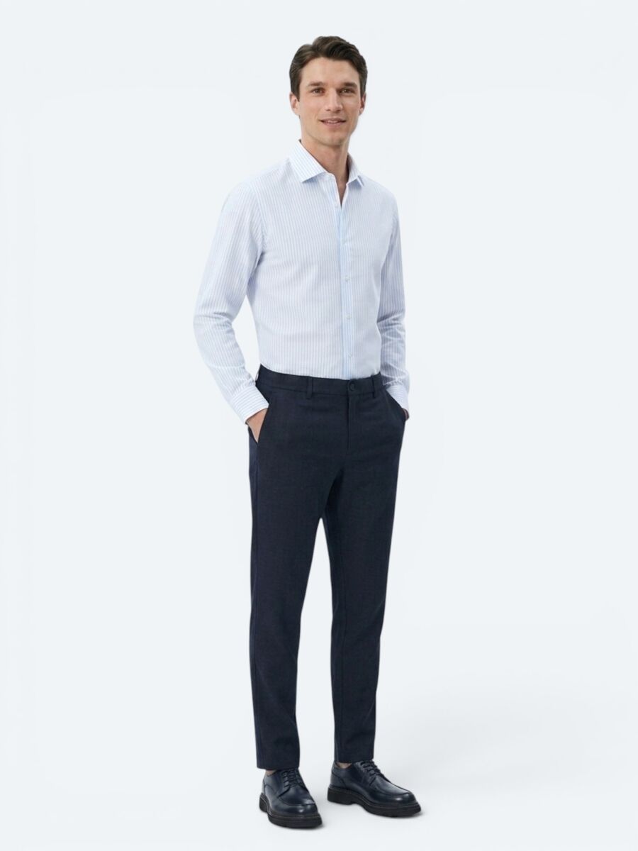 Açık Mavi Çizgili Regular Fit Uzun Dokuma Casual Pamuk Karışımlı Gömlek - 3
