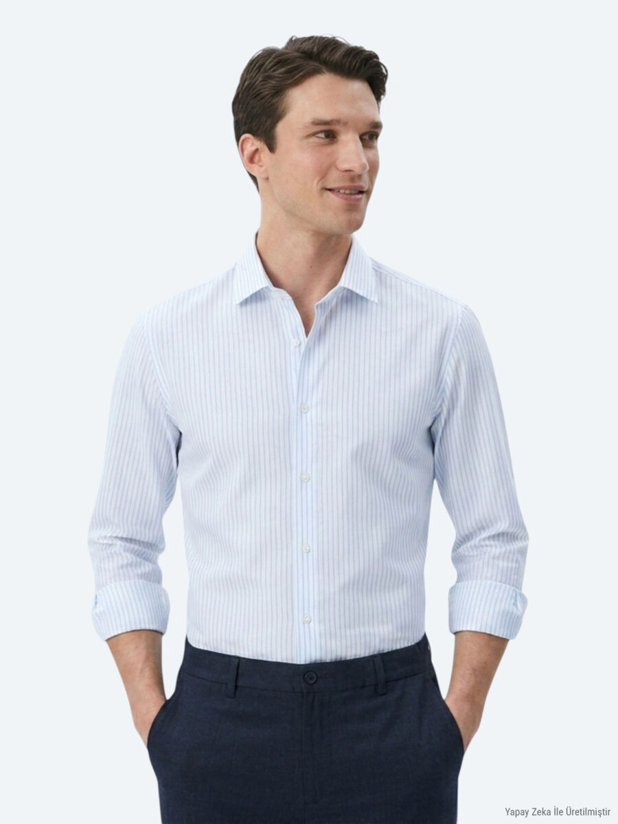 Açık Mavi Çizgili Regular Fit Uzun Dokuma Casual Pamuk Karışımlı Gömlek - 1