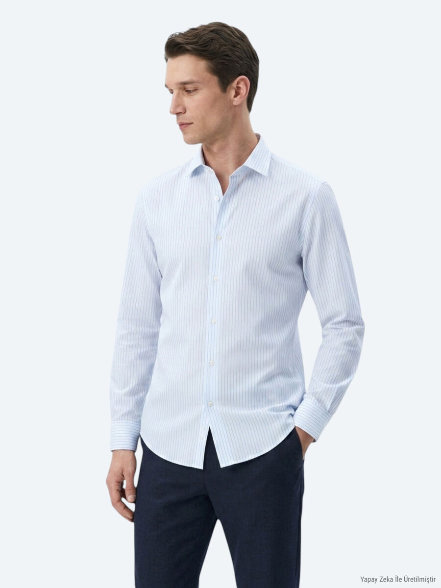 Açık Mavi Çizgili Regular Fit Uzun Dokuma Casual Pamuk Karışımlı Gömlek - 2