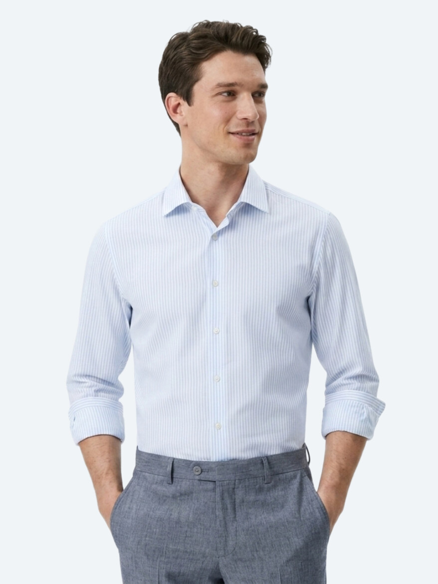 Açık Mavi Çizgili Regular Fit Uzun Dokuma Casual Pamuk Karışımlı Gömlek - 1