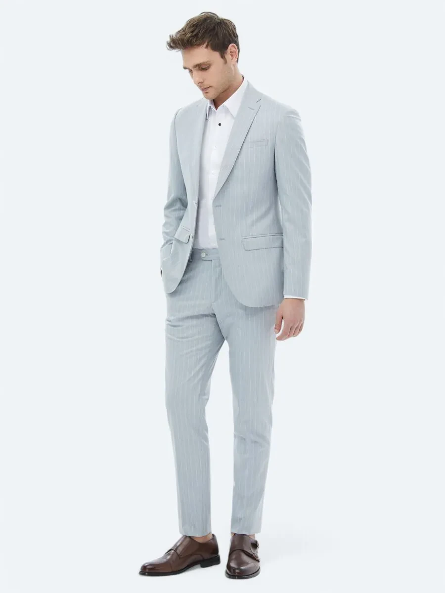 Açık Mavi Çizgili Slim Fit Takım Elbise - 4