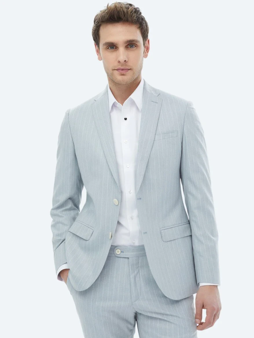 Açık Mavi Çizgili Slim Fit Takım Elbise - 5