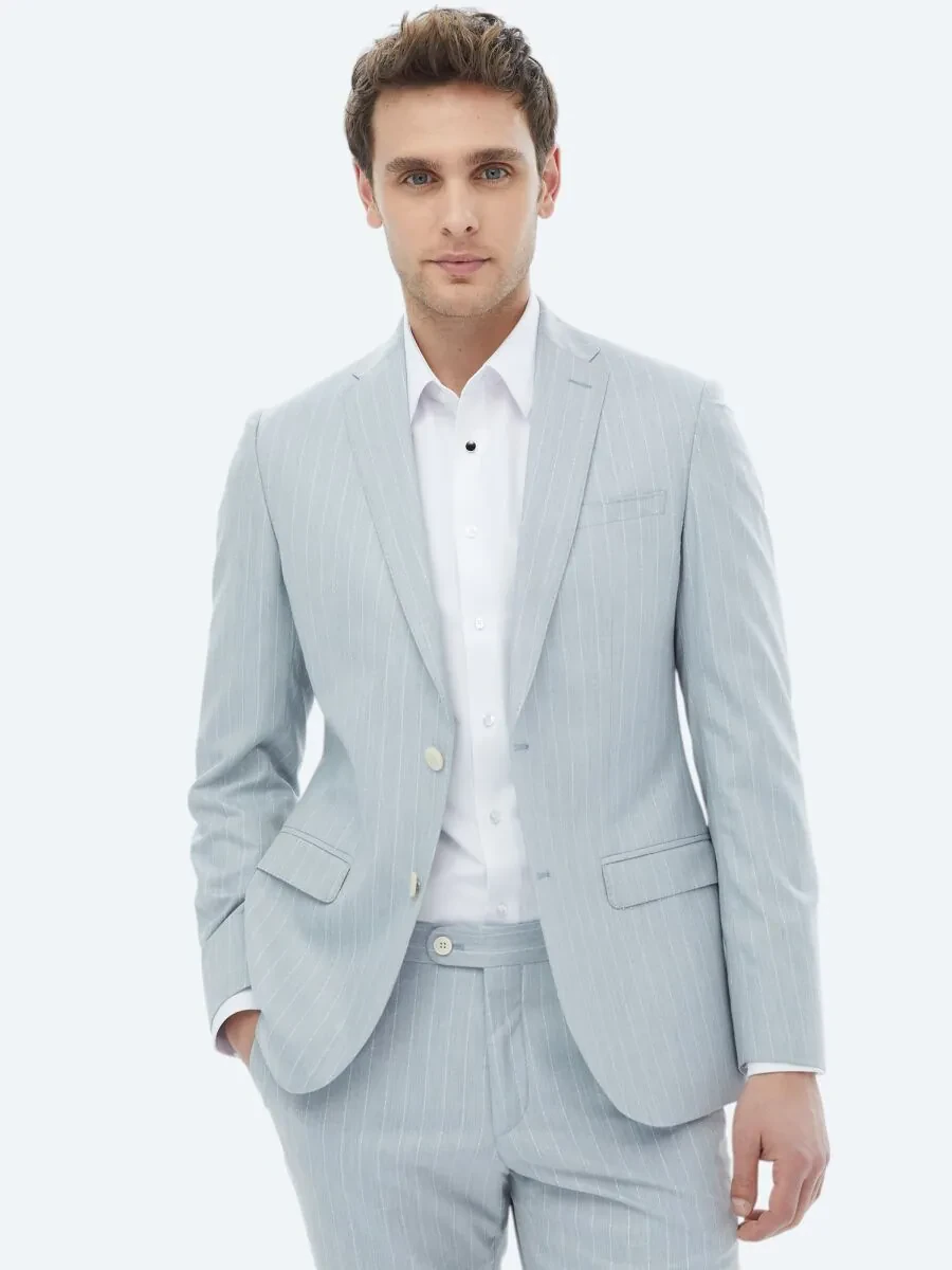 Açık Mavi Çizgili Slim Fit Takım Elbise - 5