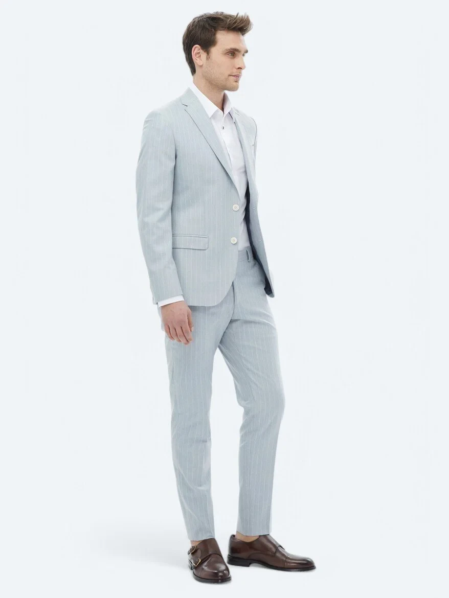 Açık Mavi Çizgili Slim Fit Takım Elbise - 6
