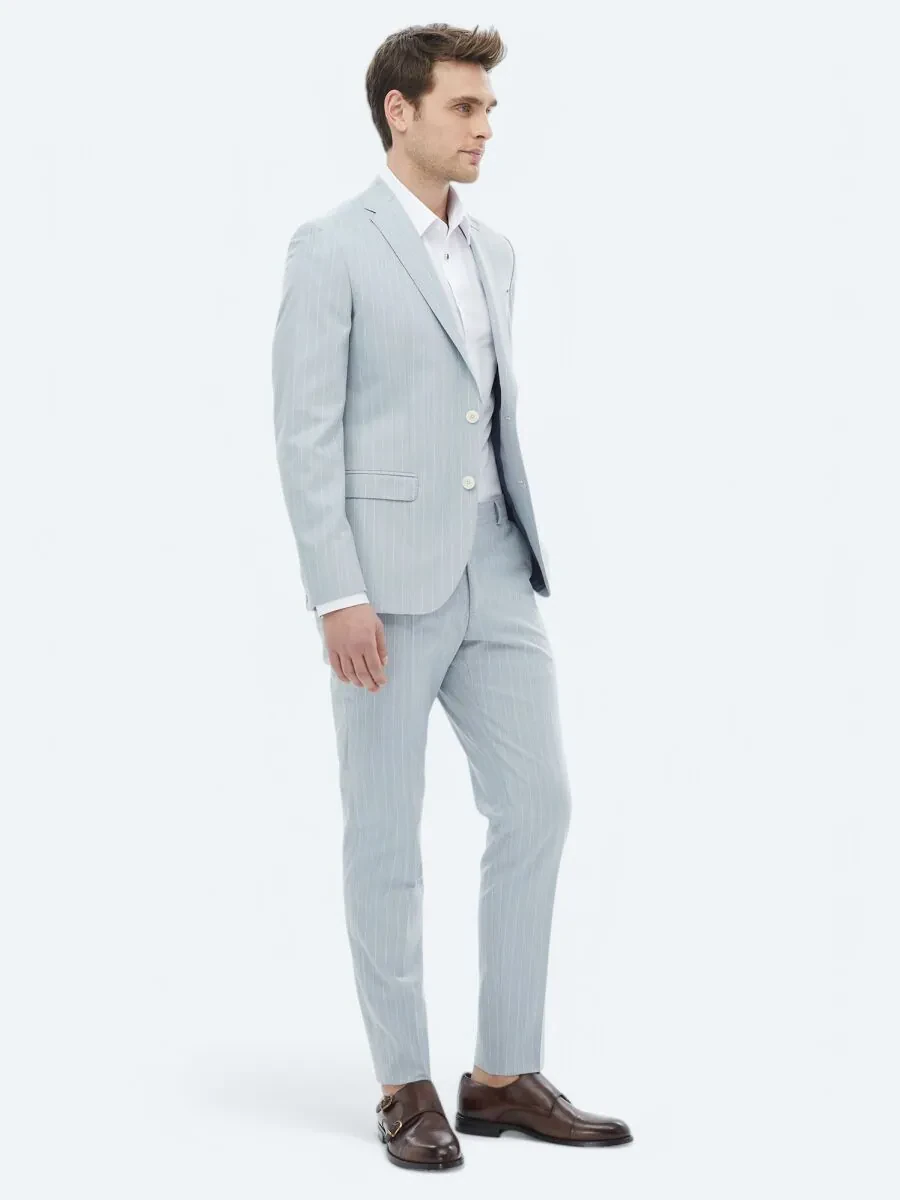 Açık Mavi Çizgili Slim Fit Takım Elbise - 6