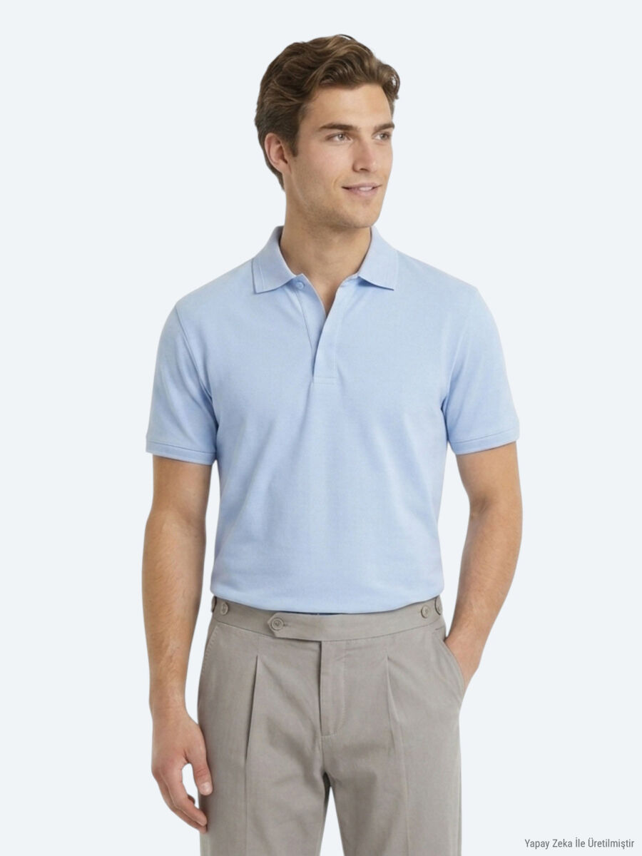 Açık Mavi Düz %100 Pamuk T-Shirt - 1