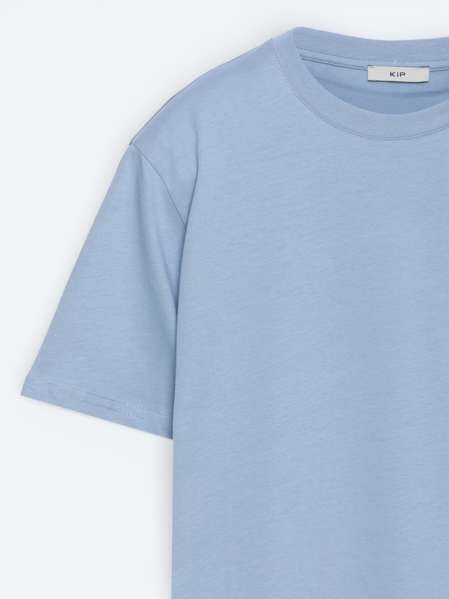 Açık Mavi Düz %100 Pamuk T-Shirt - 4