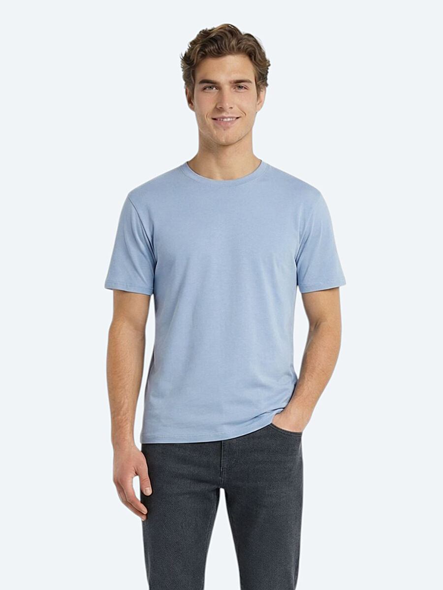 Açık Mavi Düz %100 Pamuk T-Shirt - 1