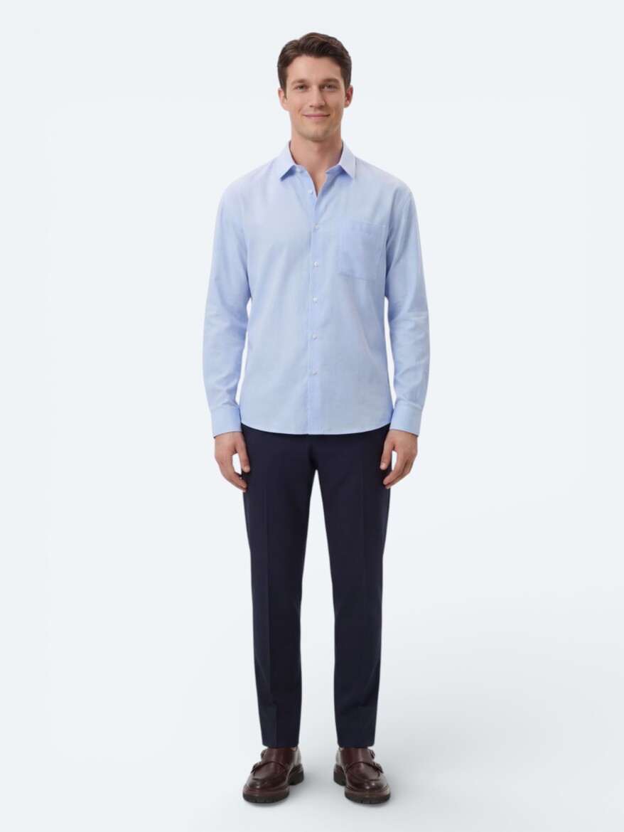 Açık Mavi Düz Oversize Fit Uzun Dokuma Casual Gömlek - 4