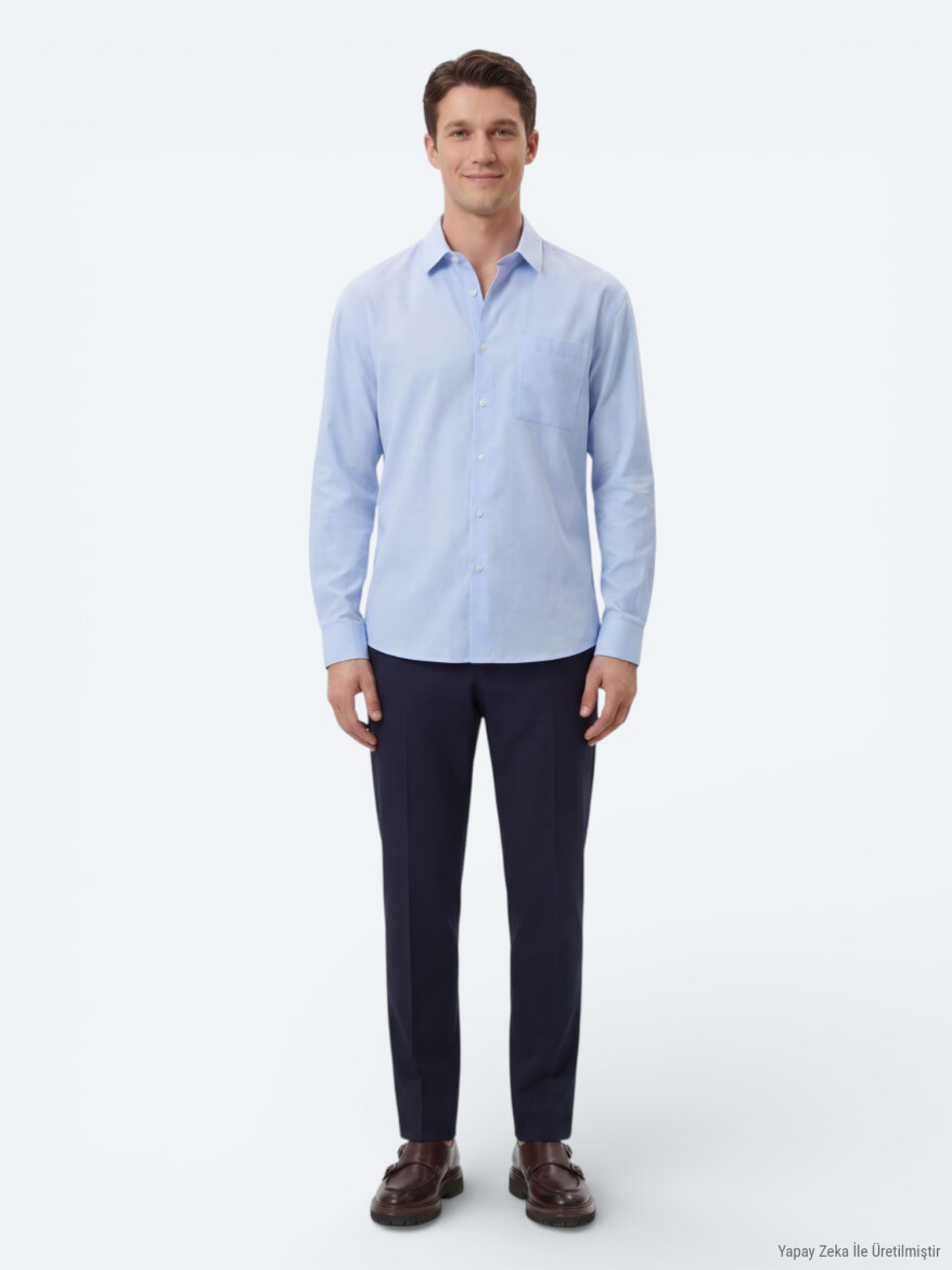 Açık Mavi Düz Oversize Fit Uzun Dokuma Casual Gömlek - 4