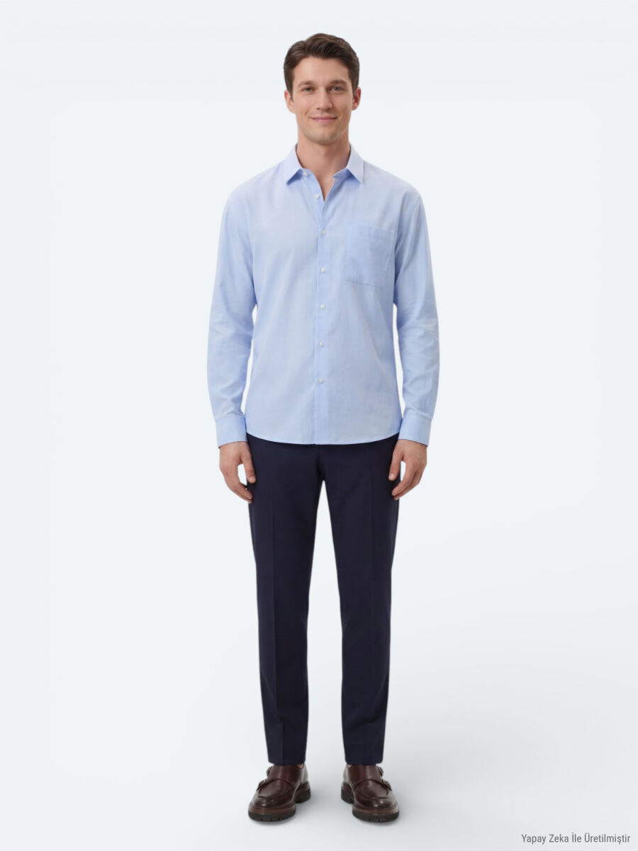 Açık Mavi Düz Oversize Fit Uzun Dokuma Casual Gömlek - 4
