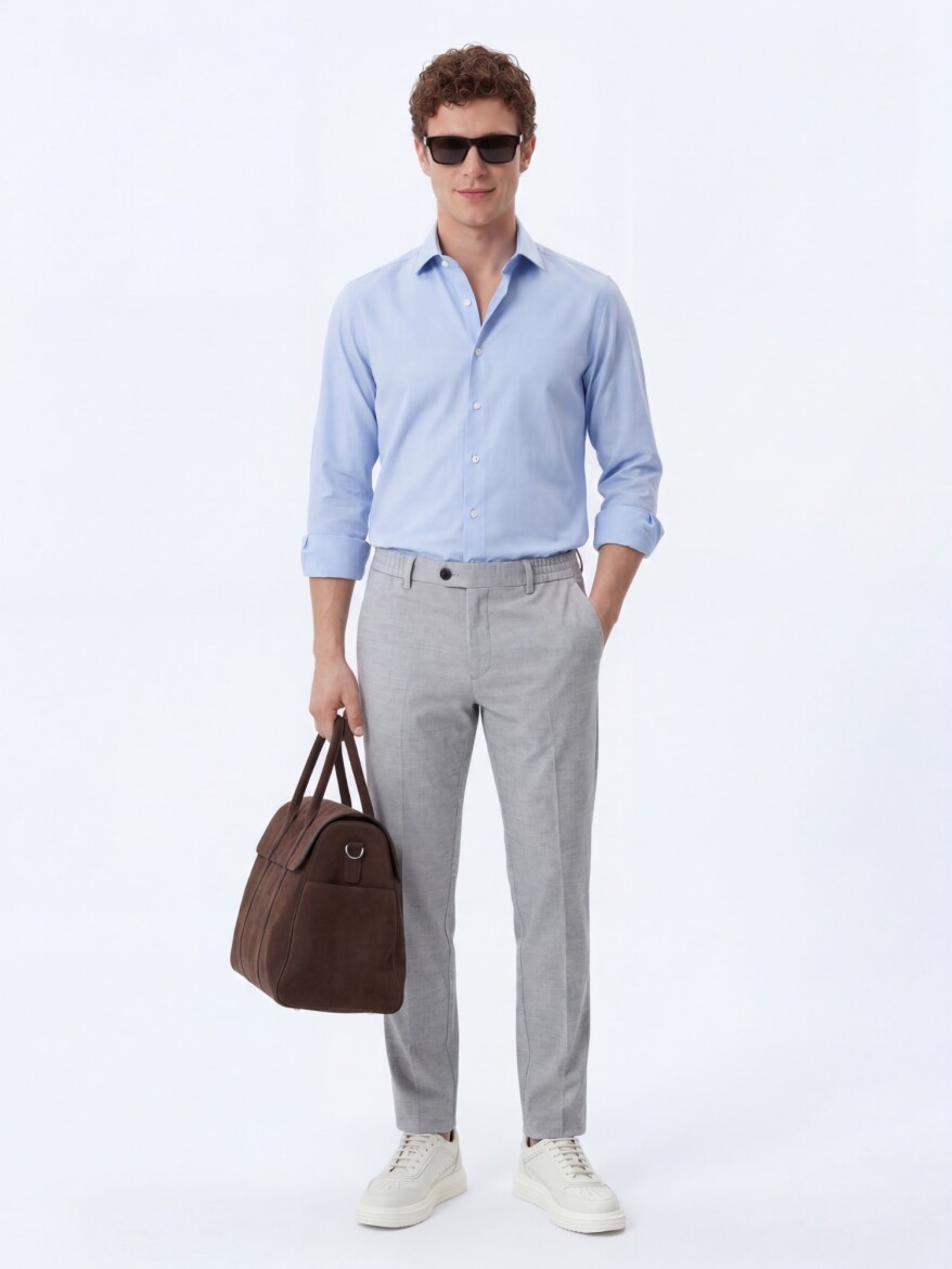 Açık Mavi Düz Regular Fit Dokuma Klasik Pamuk Karışımlı Gömlek - KİP