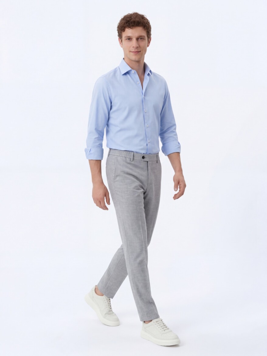 Açık Mavi Düz Regular Fit Dokuma Klasik Pamuk Karışımlı Gömlek - KİP