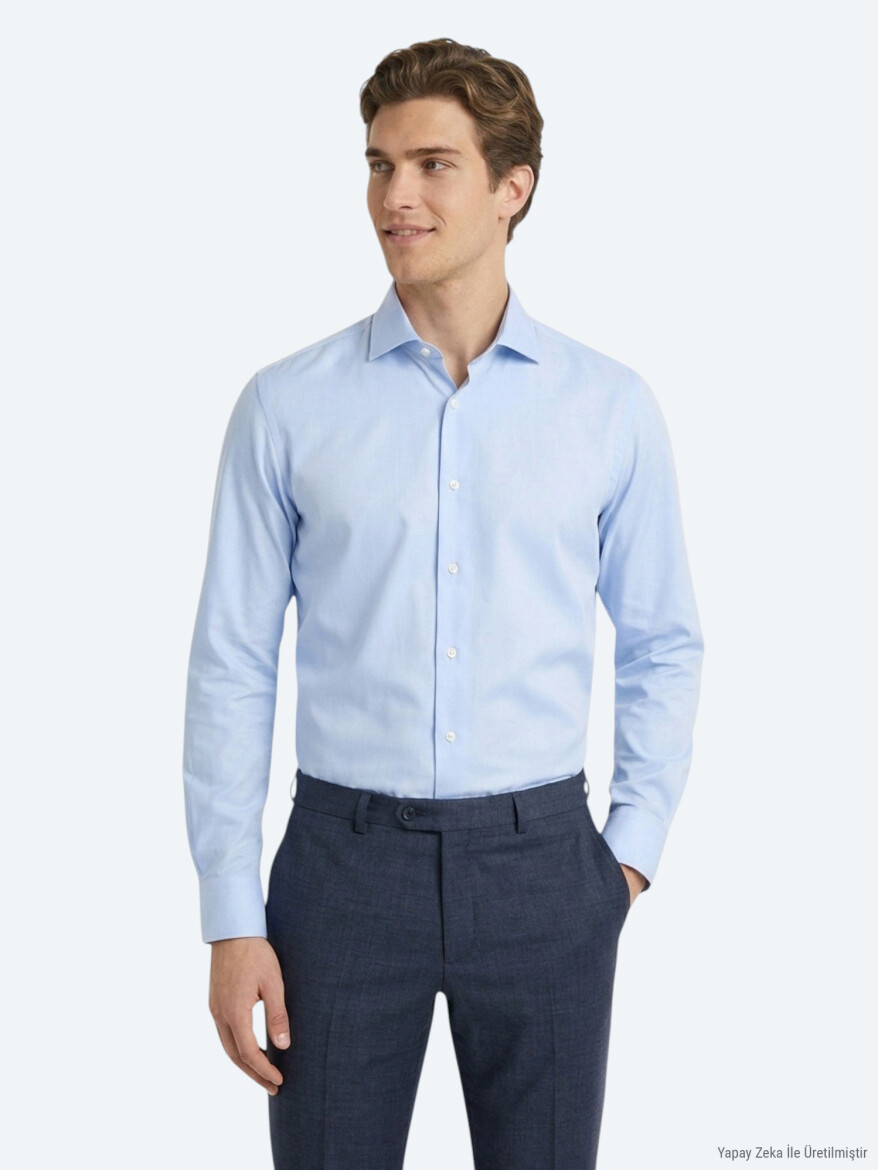 Açık Mavi Düz Regular Fit Uzun Dokuma Casual %100 Pamuk Gömlek - KİP