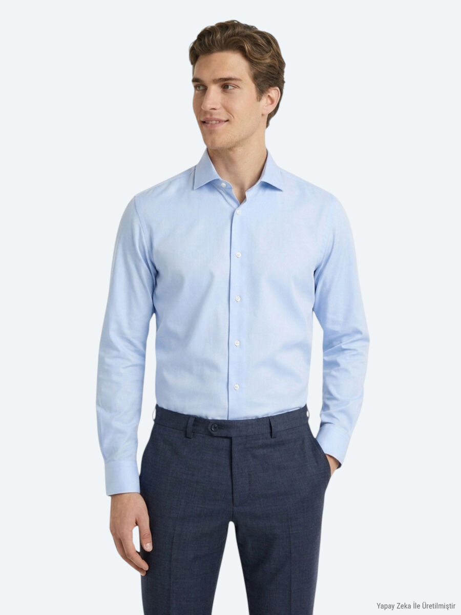 Açık Mavi Düz Regular Fit Uzun Dokuma Casual %100 Pamuk Gömlek - 1