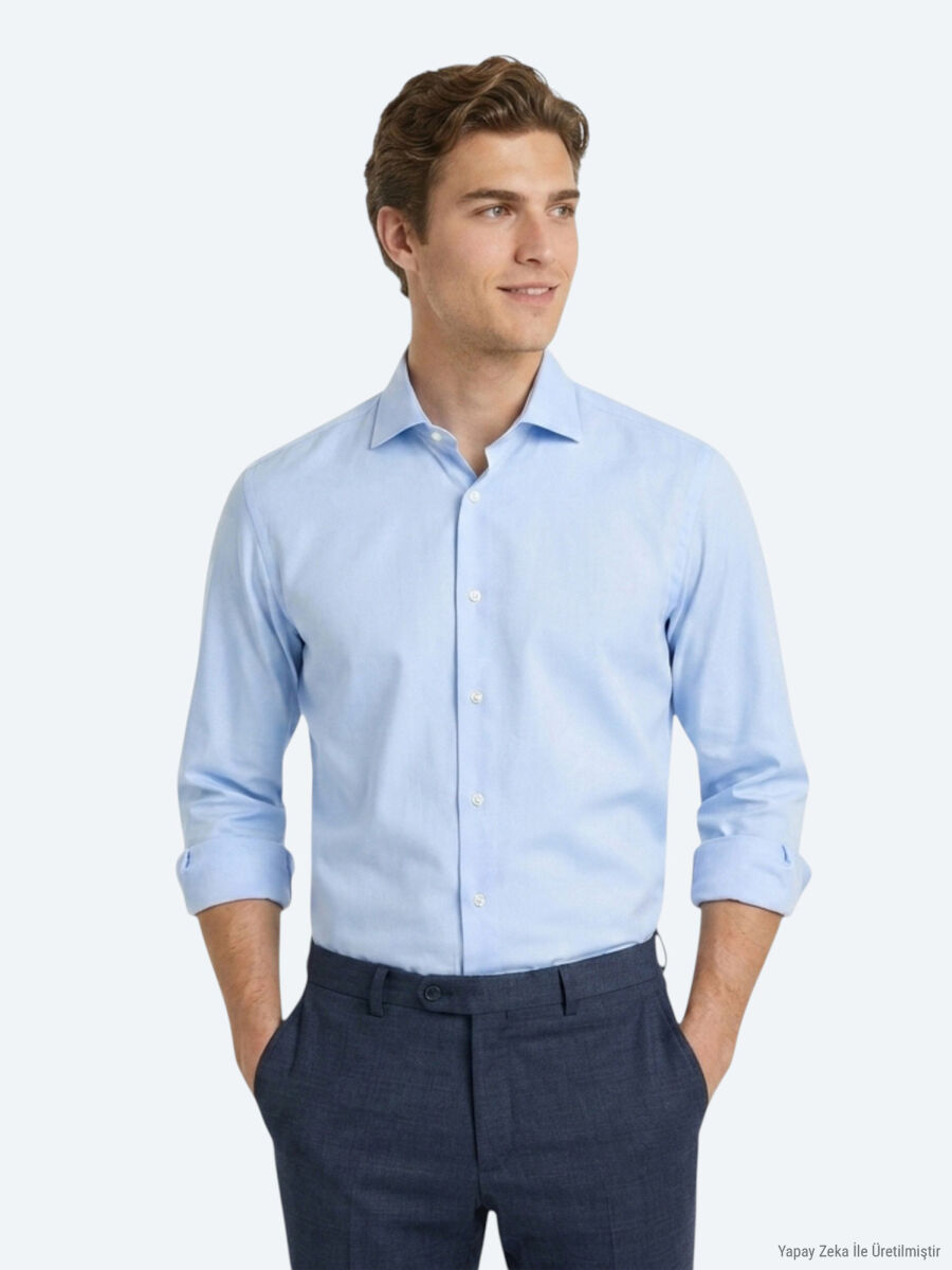 Açık Mavi Düz Regular Fit Uzun Dokuma Casual %100 Pamuk Gömlek - 3