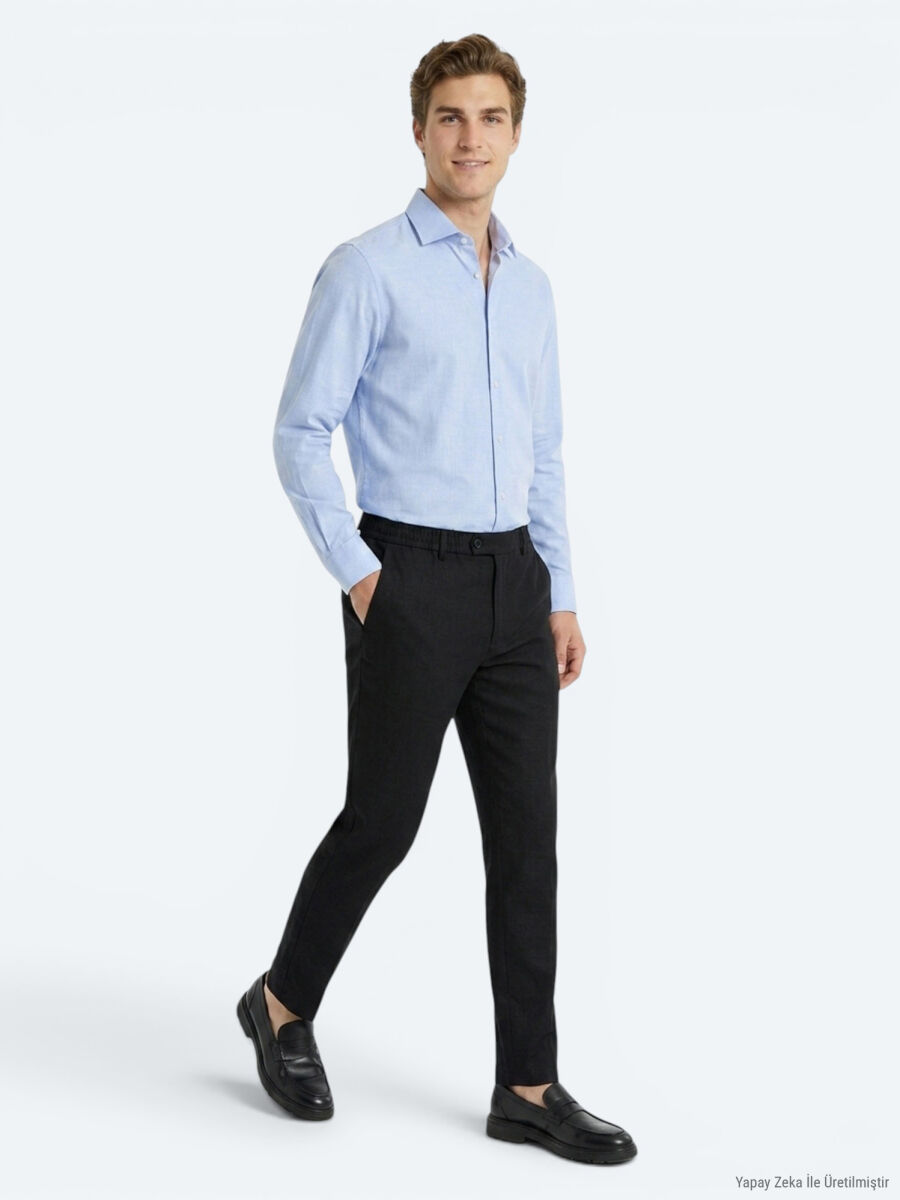 Açık Mavi Düz Regular Fit Uzun Dokuma Casual Pamuk Karışımlı Gömlek - 4