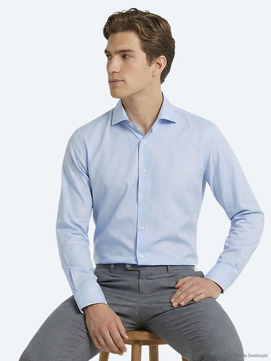 Açık Mavi Düz Regular Fit Uzun Dokuma Klasik Pamuk Karışımlı Gömlek - 1