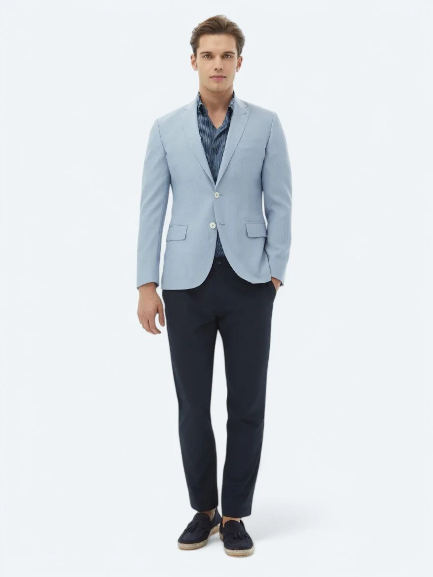Açık Mavi Düz Slim Fit Ceket - 2
