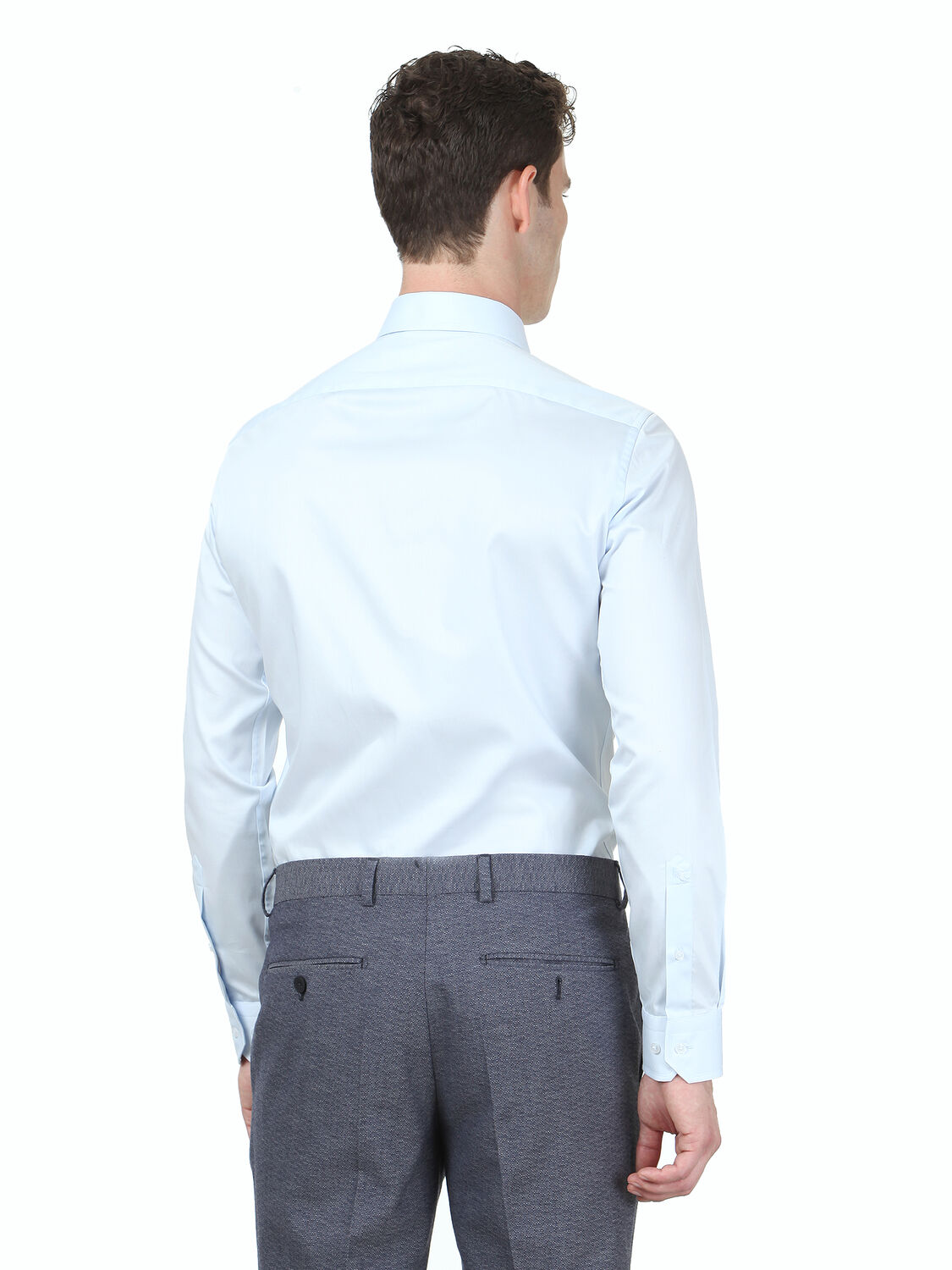 Açık Mavi Düz Slim Fit Dokuma Klasik %100 Pamuk Gömlek - 4