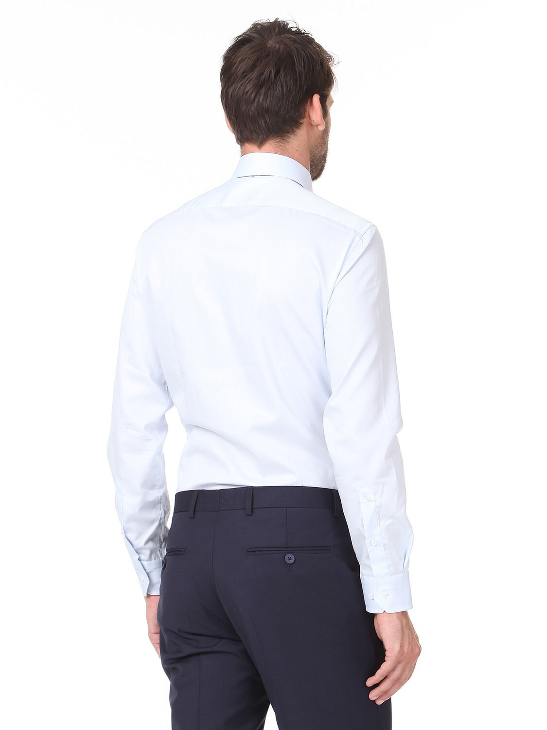 Açık Mavi Düz Slim Fit Dokuma Klasik %100 Pamuk Gömlek - 4