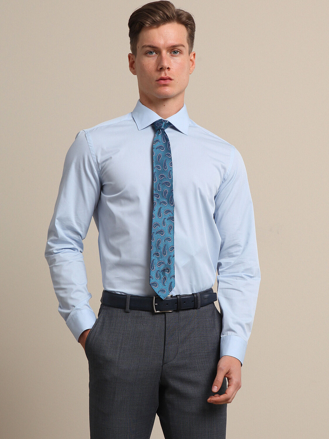 Açık Mavi Düz Slim Fit Dokuma Klasik %100 Pamuk Gömlek - 1