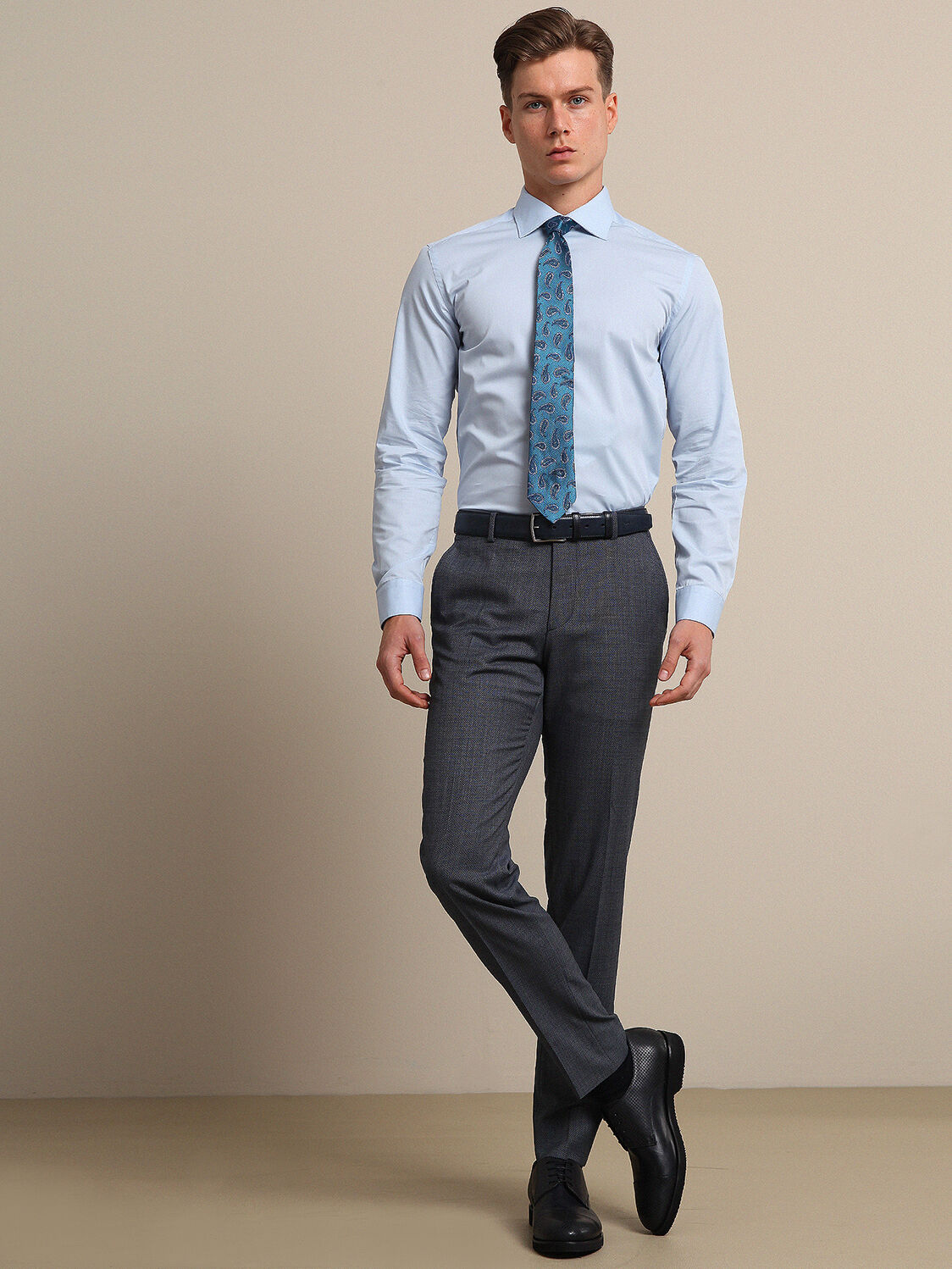 Açık Mavi Düz Slim Fit Dokuma Klasik %100 Pamuk Gömlek - 2