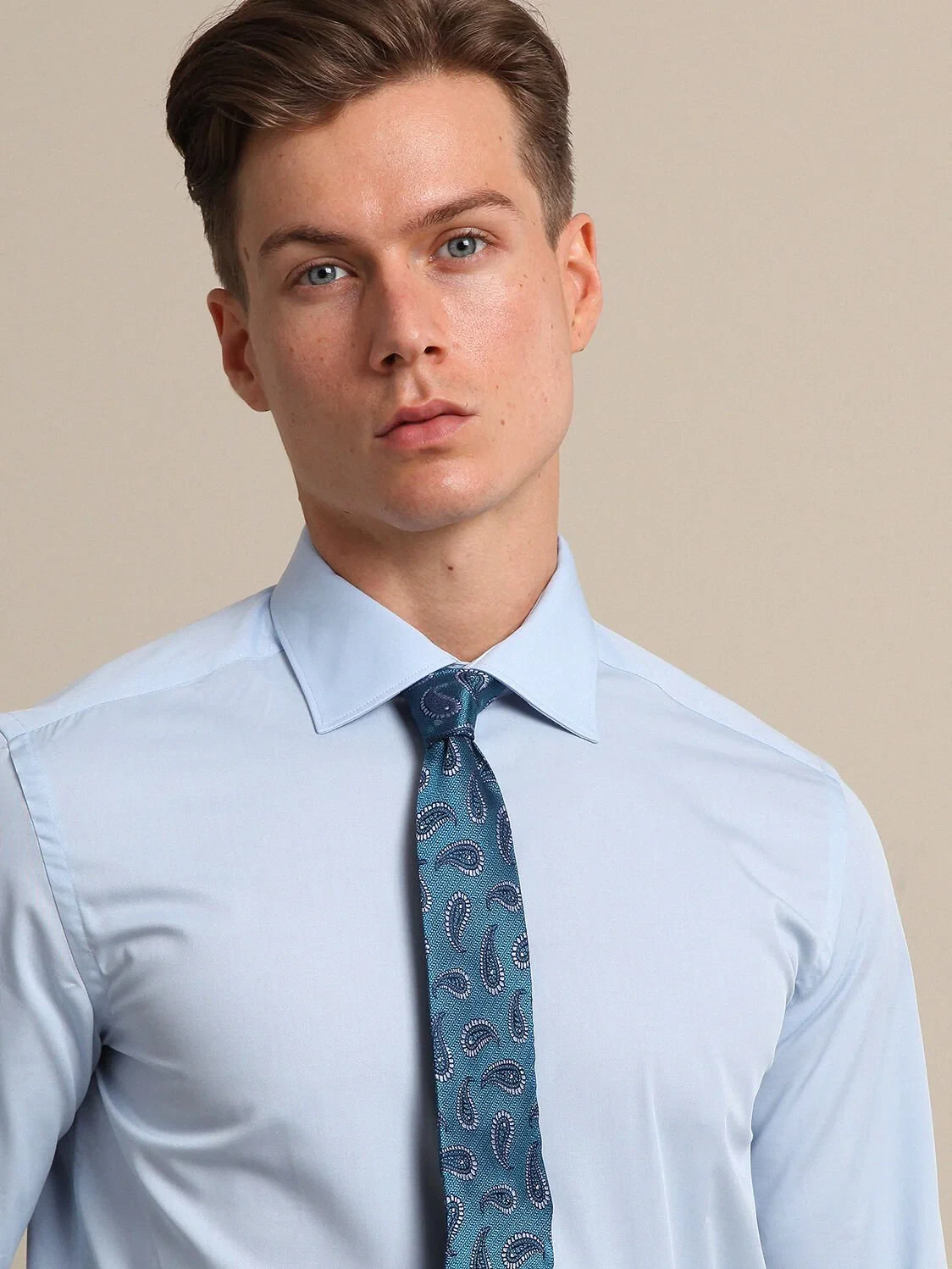 Açık Mavi Düz Slim Fit Dokuma Klasik %100 Pamuk Gömlek - 3