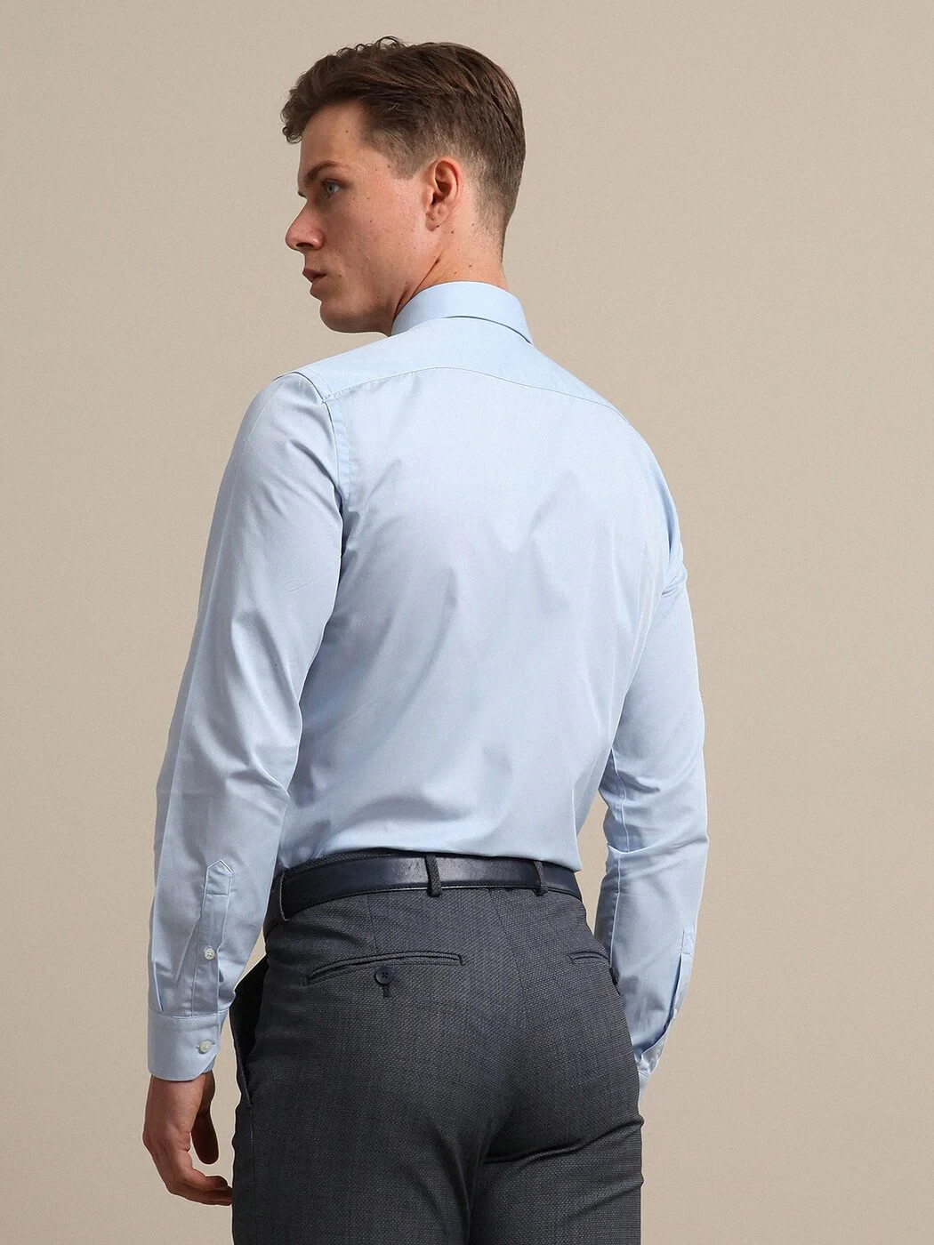 Açık Mavi Düz Slim Fit Dokuma Klasik %100 Pamuk Gömlek - 4
