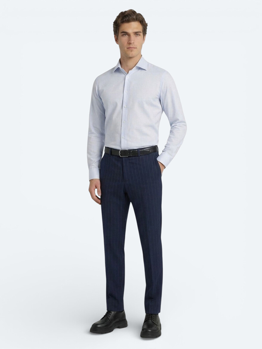 Açık Mavi Düz Slim Fit Dokuma Klasik %100 Pamuk Gömlek - 4