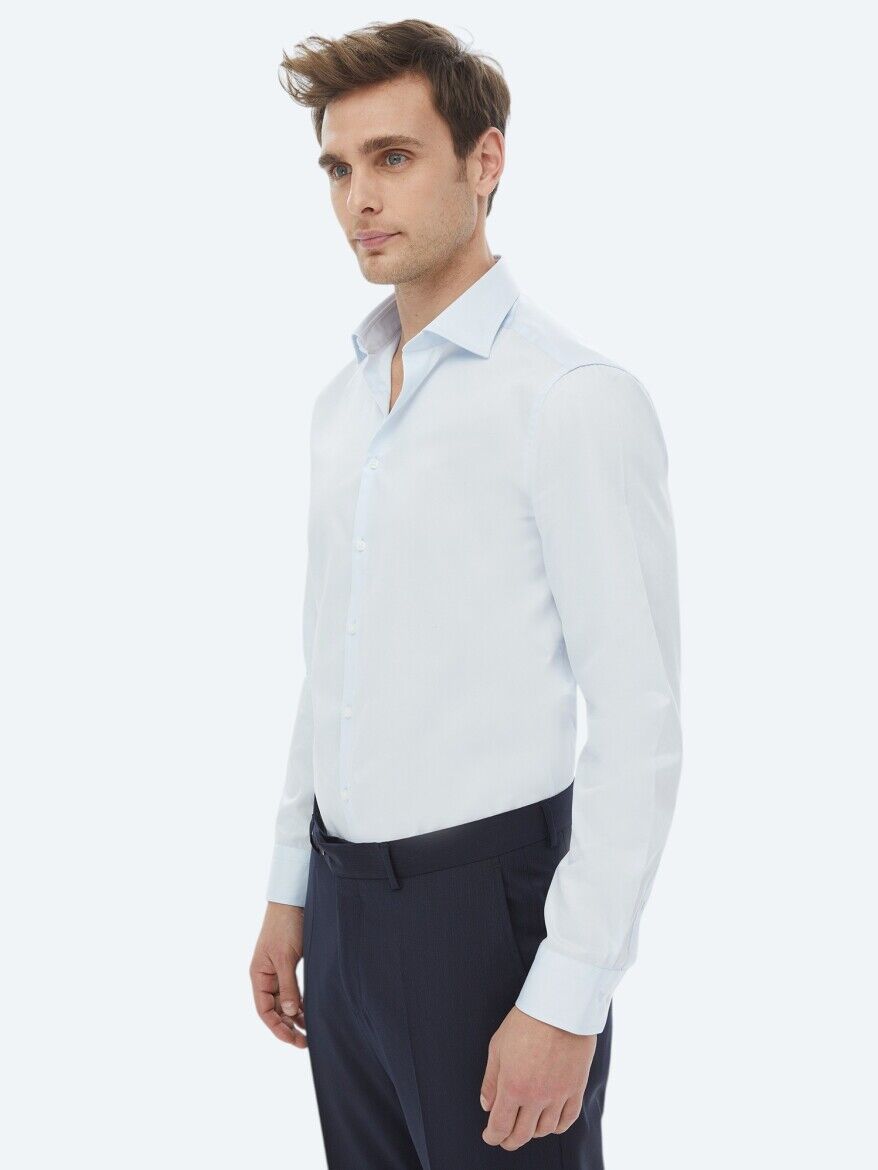Açık Mavi Düz Slim Fit Dokuma Klasik %100 Pamuk Gömlek - KİP