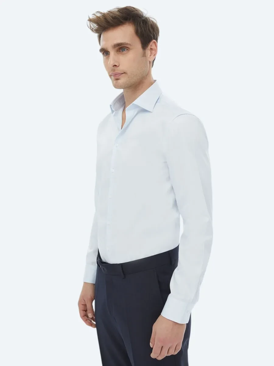 Açık Mavi Düz Slim Fit Dokuma Klasik %100 Pamuk Gömlek - 1
