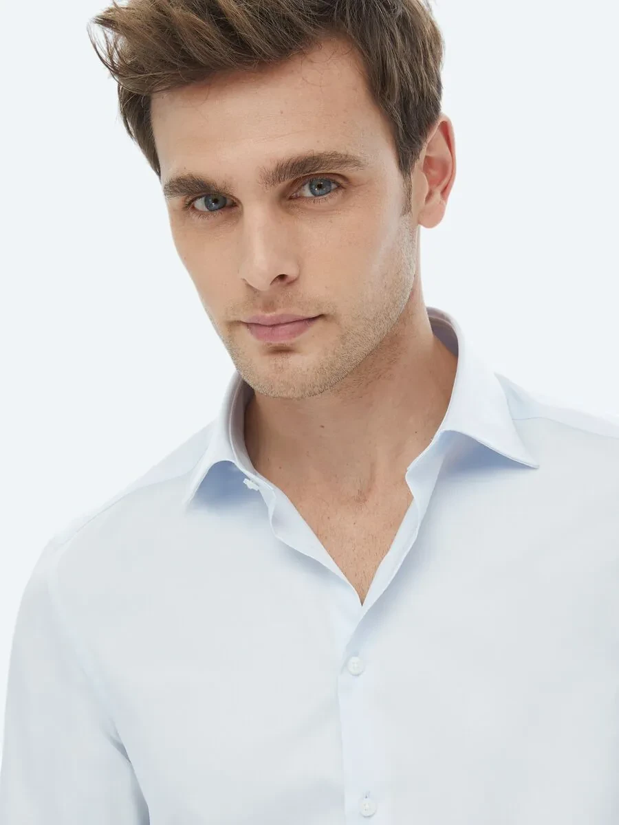 Açık Mavi Düz Slim Fit Dokuma Klasik %100 Pamuk Gömlek - 4
