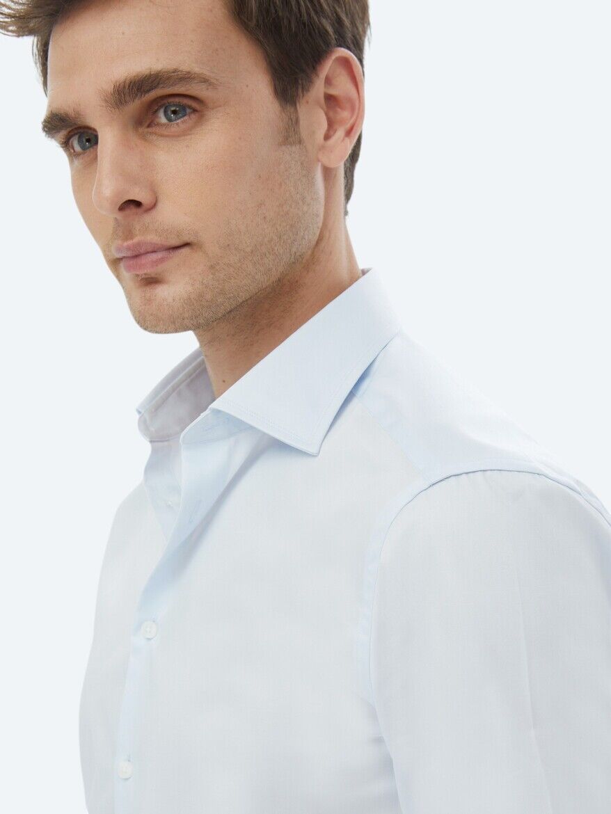 Açık Mavi Düz Slim Fit Dokuma Klasik %100 Pamuk Gömlek - 5