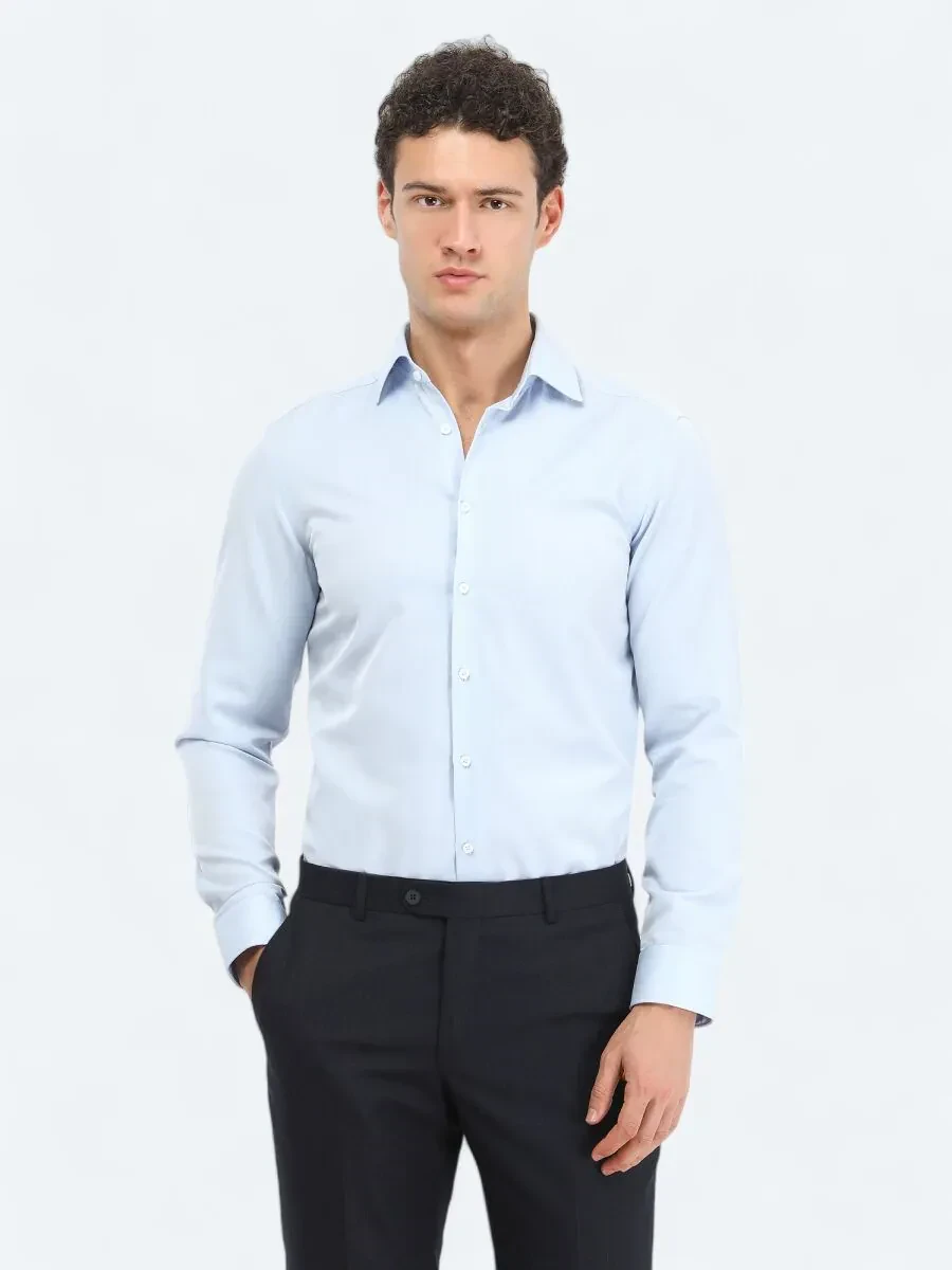 Açık Mavi Düz Slim Fit Dokuma Klasik Pamuk Karışımlı Gömlek - 1