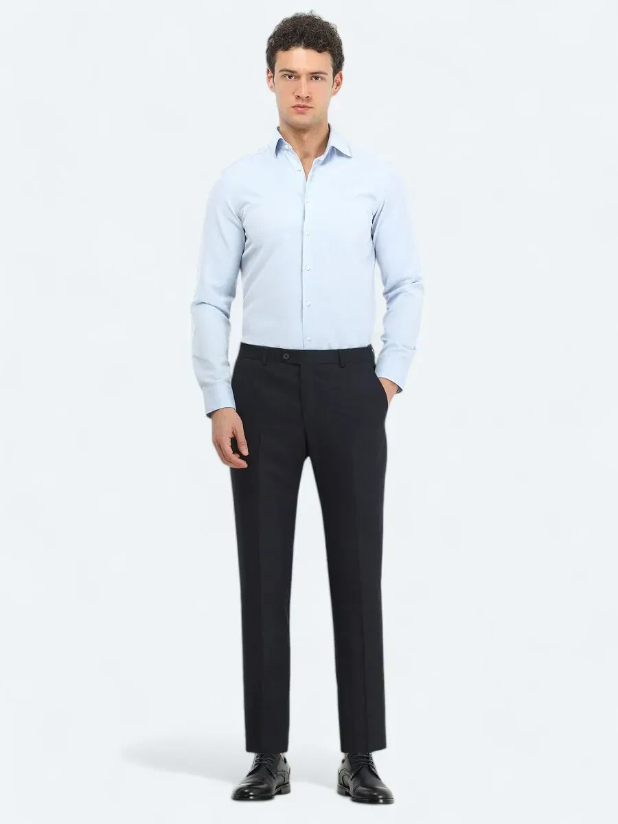 Açık Mavi Düz Slim Fit Dokuma Klasik Pamuk Karışımlı Gömlek - 2