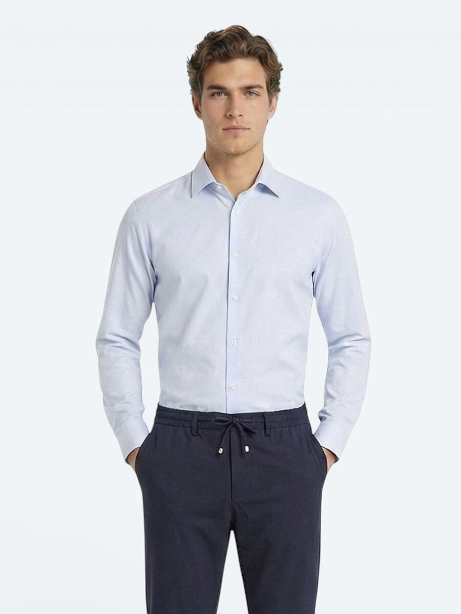 Açık Mavi Düz Slim Fit Uzun Dokuma Klasik Pamuk Karışımlı Gömlek - 1