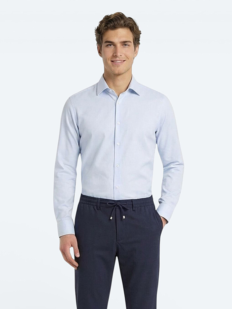 Açık Mavi Düz Slim Fit Uzun Dokuma Klasik Pamuk Karışımlı Gömlek - 3