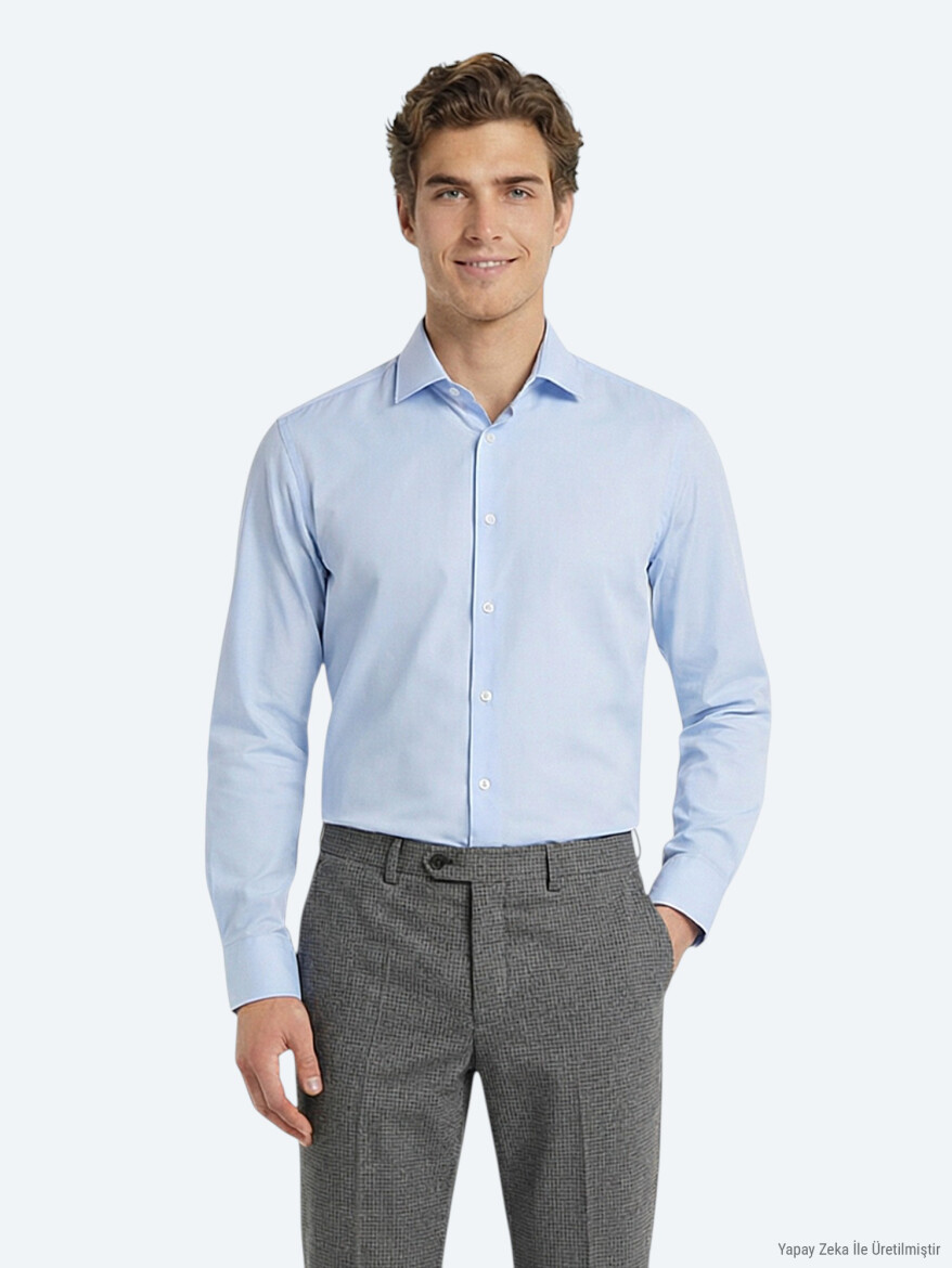 Açık Mavi Düz Slim Fit Uzun Dokuma Klasik Pamuk Karışımlı Gömlek 