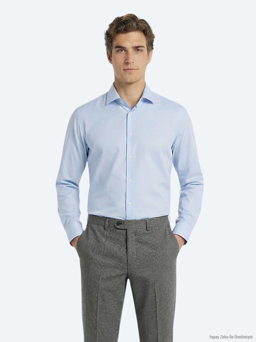 Açık Mavi Düz Slim Fit Uzun Dokuma Klasik Pamuk Karışımlı Gömlek - 3