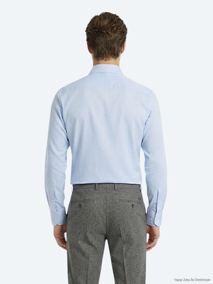 Açık Mavi Düz Slim Fit Uzun Dokuma Klasik Pamuk Karışımlı Gömlek - 4