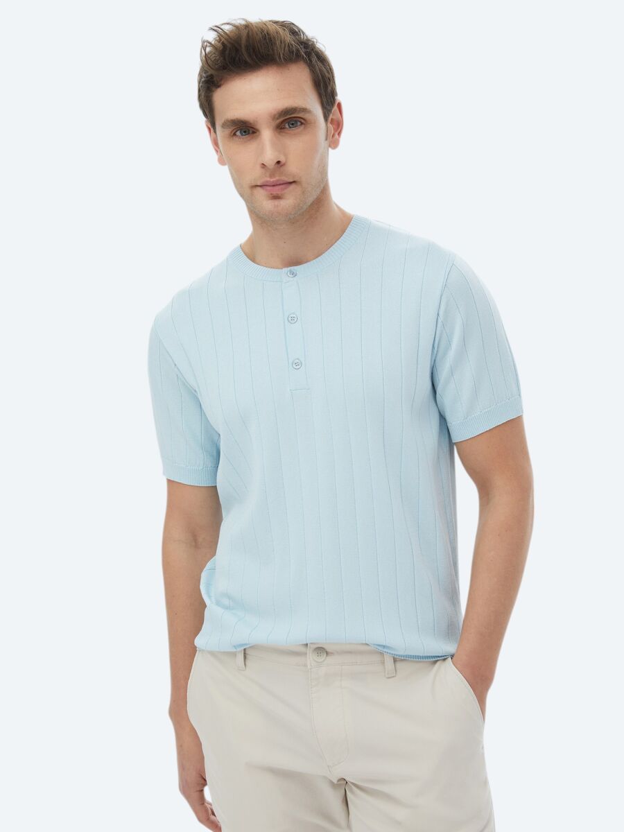 Açık Mavi Hakim Yaka Jakarlı Triko - 1