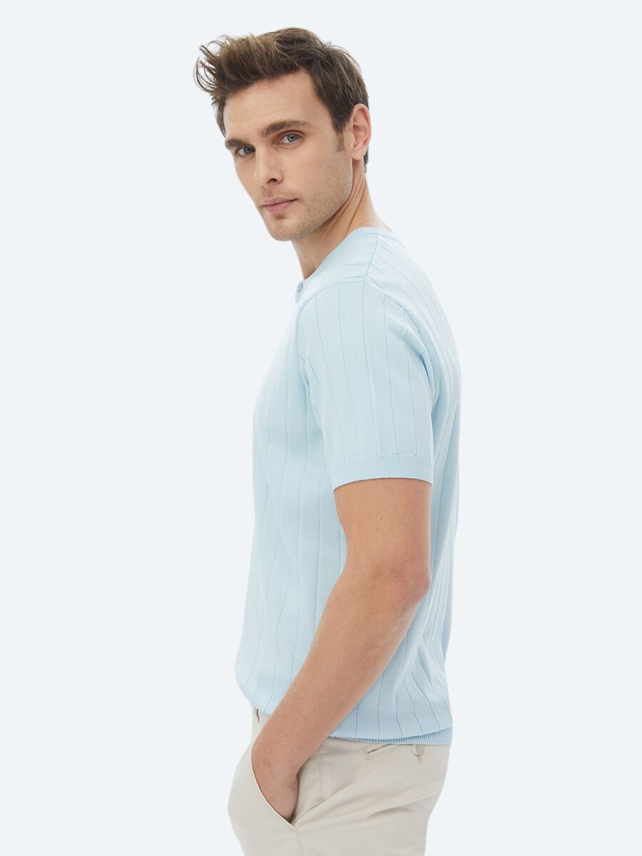 Açık Mavi Hakim Yaka Jakarlı Triko - 5