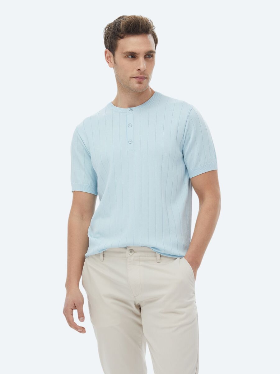 Açık Mavi Hakim Yaka Jakarlı Triko - 6