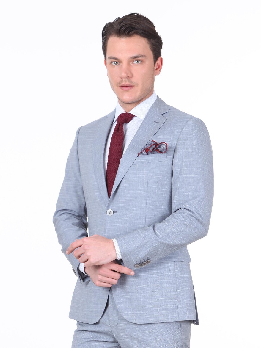 Açık Mavi Kareli Regular Fit %100 Yün Takım Elbise - 1