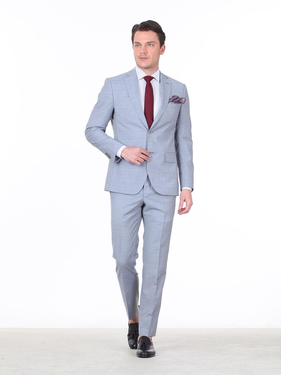 Açık Mavi Kareli Regular Fit %100 Yün Takım Elbise - 2