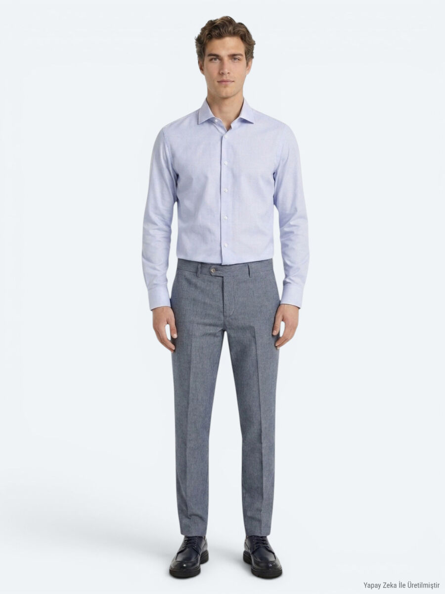 Açık Mavi Mikro Regular Fit Uzun Dokuma Casual %100 Pamuk Gömlek - 2