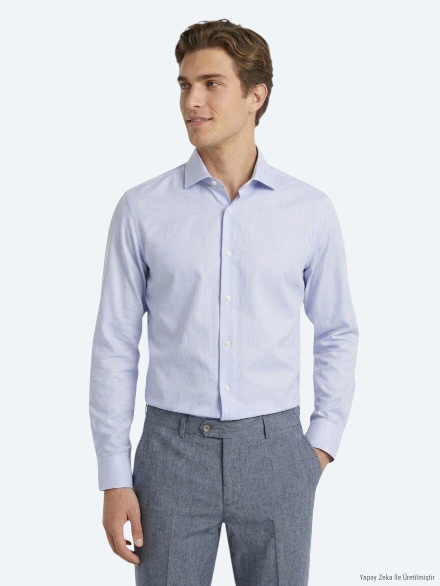 Açık Mavi Mikro Regular Fit Uzun Dokuma Casual %100 Pamuk Gömlek - 4