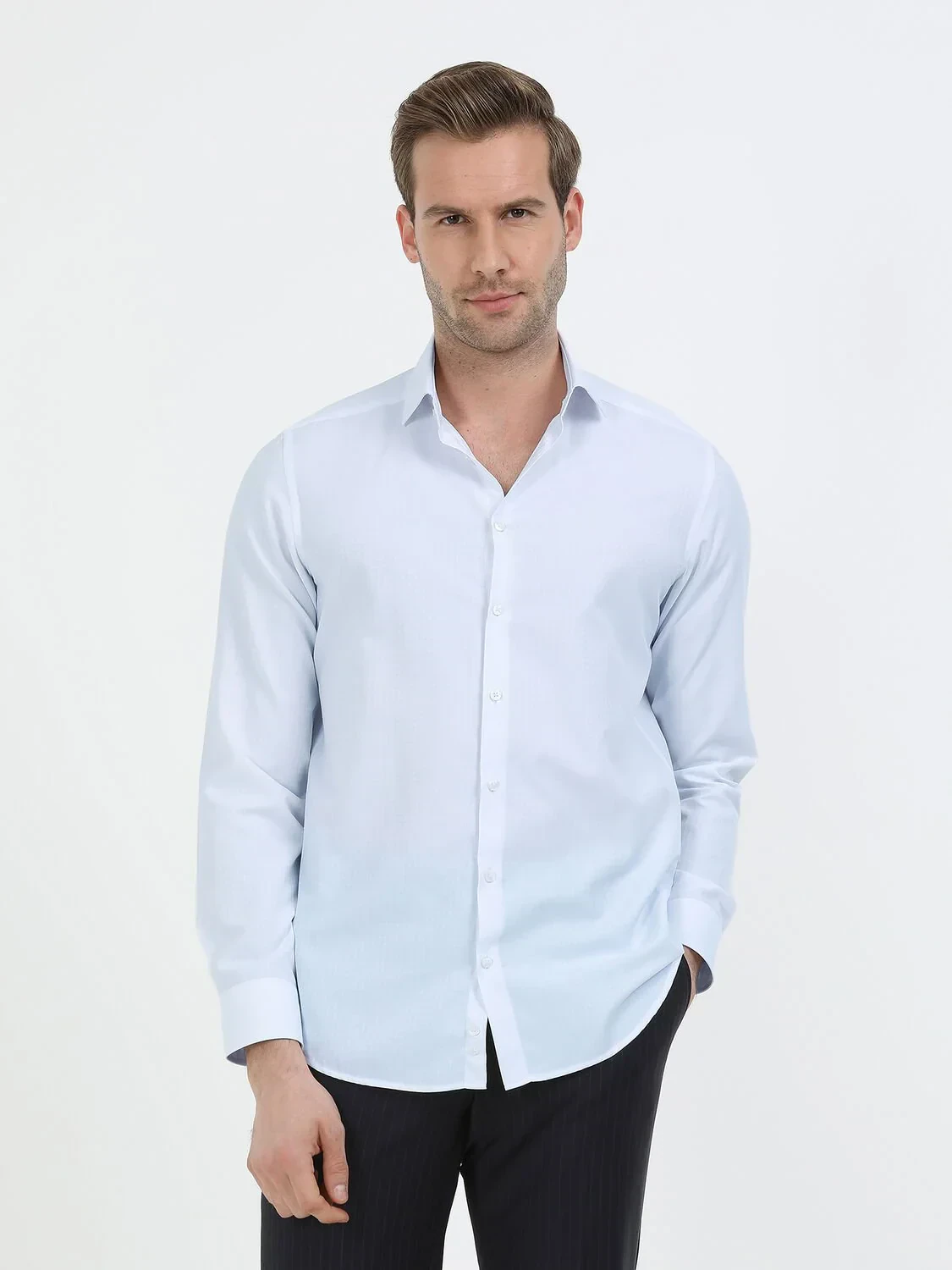 Açık Mavi Mikro Slim Fit Dokuma Klasik Pamuk Karışımlı Gömlek - 1