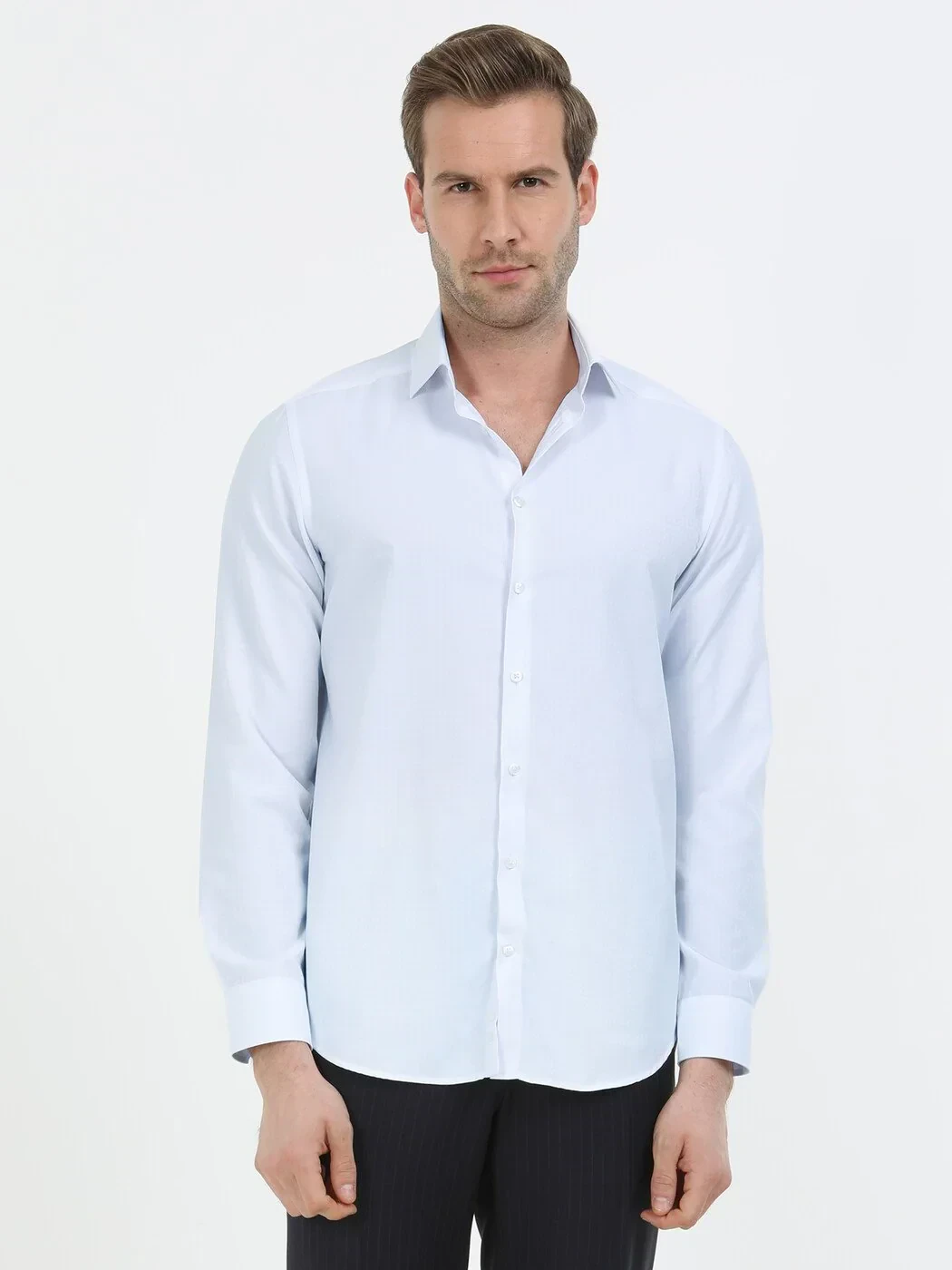 Açık Mavi Mikro Slim Fit Dokuma Klasik Pamuk Karışımlı Gömlek - 2